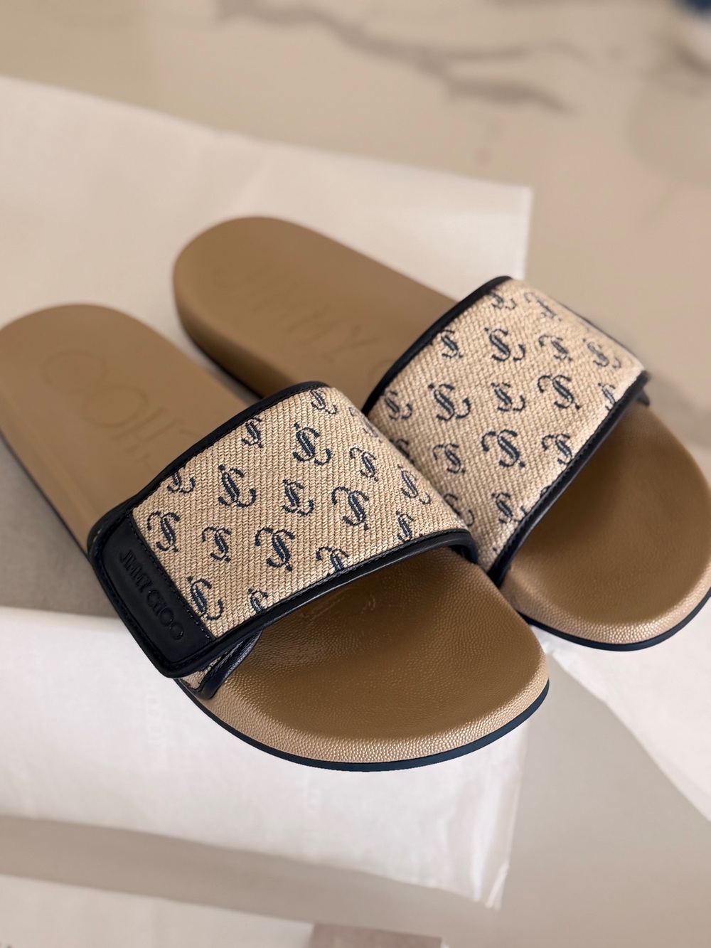 Jimmy Choo Fitz Sand Dune/Navy Nappa Leather JC Monogram Denim Slides Size 43
